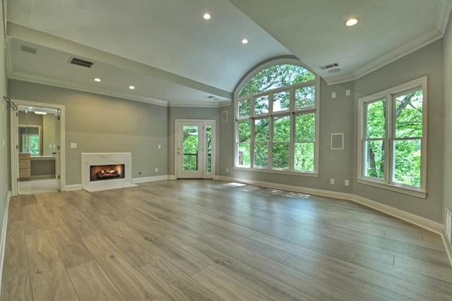 unfurnished living room with a fireplace, light hardwood / wood-style flooring, and a healthy amount of sunlight