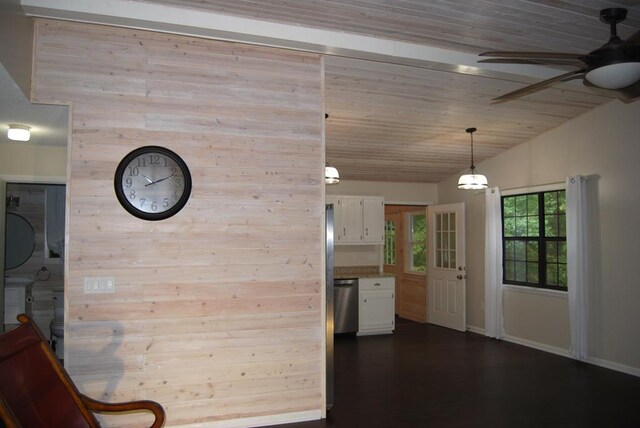 interior space with wooden ceiling, lofted ceiling, and wood walls