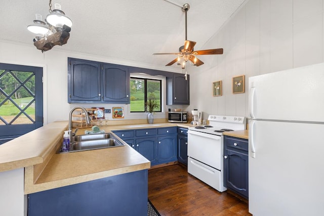2793 Hidden Valley Rd, Hiawassee, GA 30546 - kitchen featuring white appliances, blue cabinets, a peninsula, ceiling fan, and crown molding