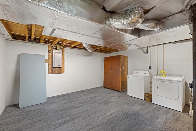 2793 Hidden Valley Rd, Hiawassee, GA 30546 - unfinished basement with washer and dryer, carpet flooring, electric panel, and concrete block wall