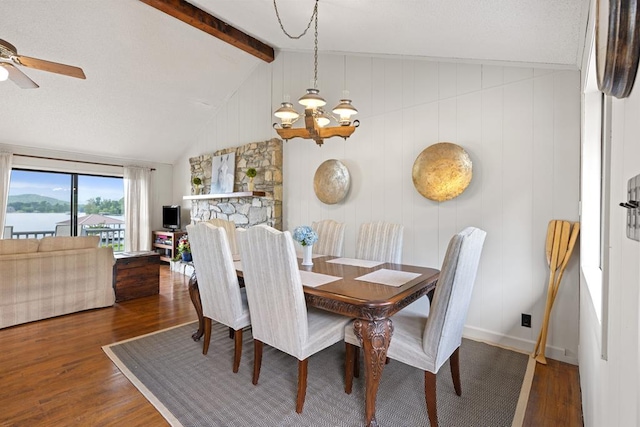 2793 Hidden Valley Rd, Hiawassee, GA 30546 - dining area featuring wood finished floors, ceiling fan, a chandelier, and a water view
