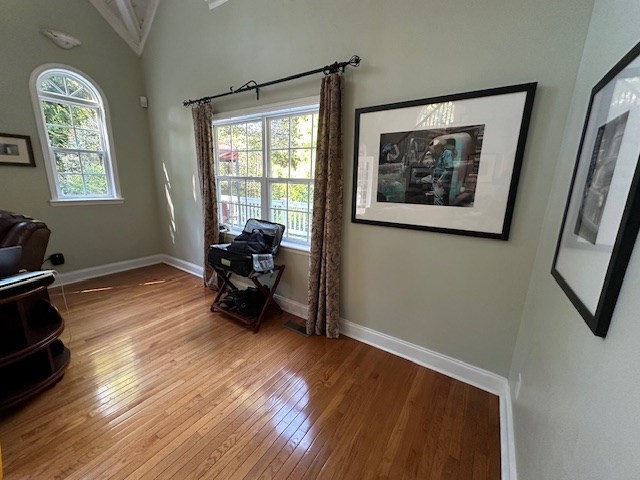 living area featuring vaulted ceiling and light hardwood / wood-style flooring