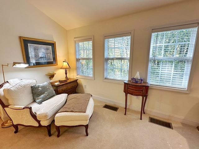 living area with carpet flooring and lofted ceiling