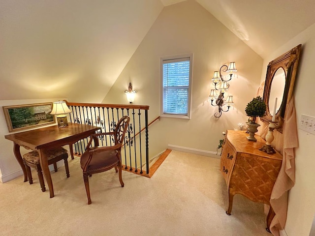 living area with light carpet and lofted ceiling