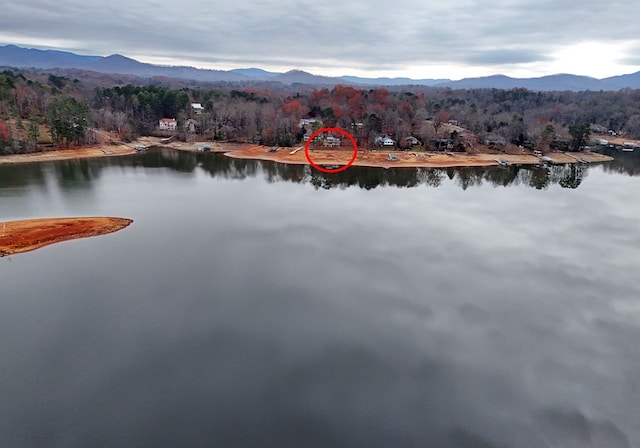 water view with a wooded view and a mountain view