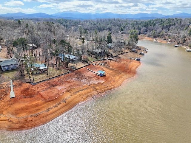 bird's eye view with a water and mountain view and a view of trees