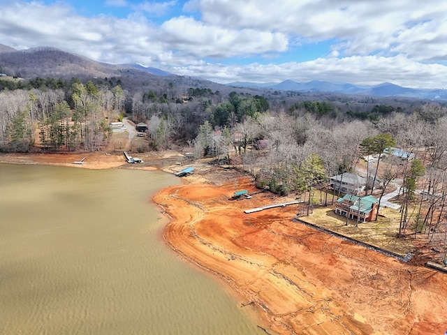 birds eye view of property with a wooded view and a mountain view