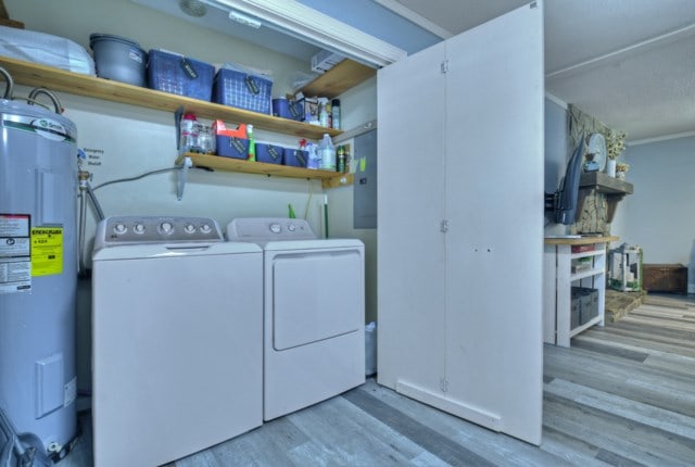 151 Padget Ln, Ellijay, GA 30540 - laundry room with water heater, washer and dryer, and wood finished floors