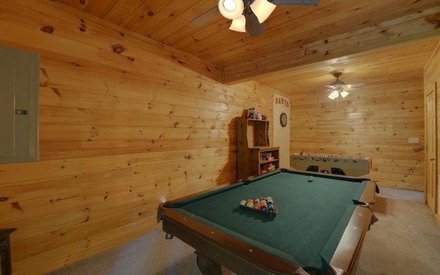 game room with billiards, ceiling fan, wooden ceiling, and wood walls