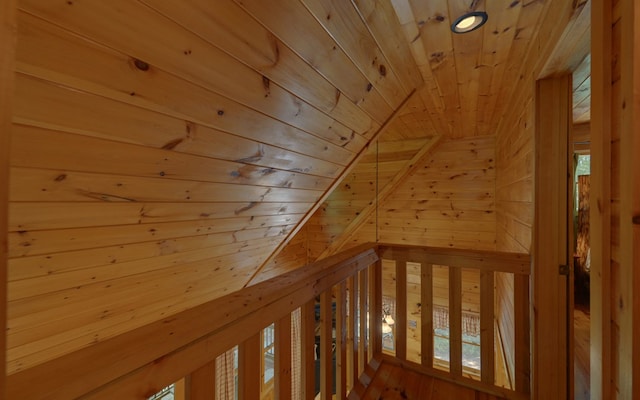 additional living space with lofted ceiling, wood-type flooring, wooden ceiling, and wooden walls