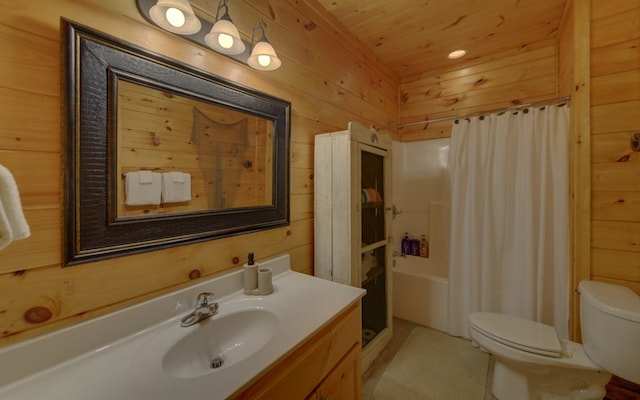 bathroom featuring a shower with shower curtain, wood ceiling, vanity, wooden walls, and toilet