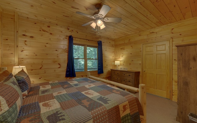 bedroom with ceiling fan, wood ceiling, and wooden walls