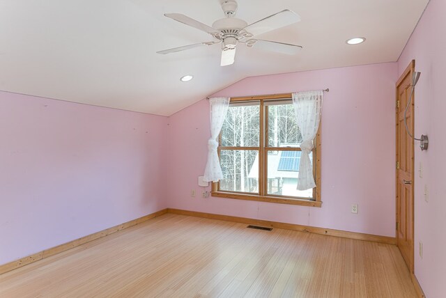 bonus room with vaulted ceiling, ceiling fan, and light hardwood / wood-style flooring