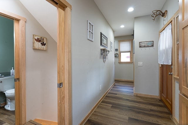 hallway with dark wood-type flooring