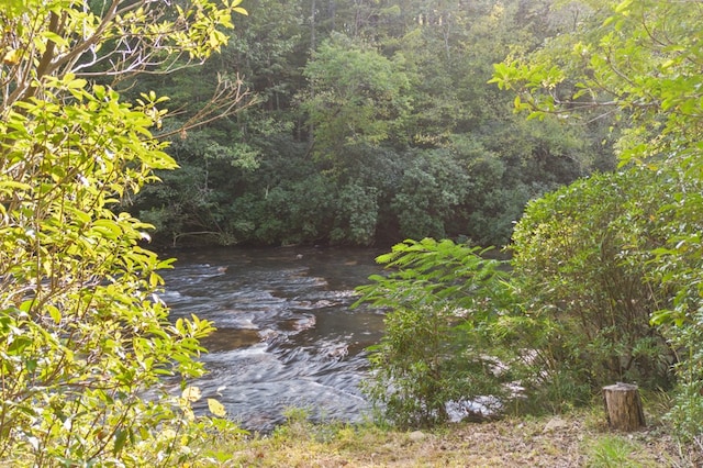 view of landscape featuring a forest view