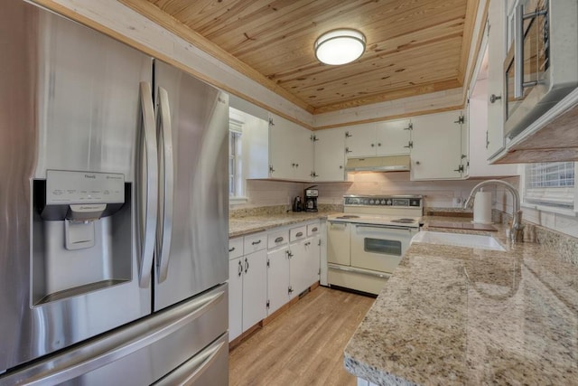 kitchen featuring white range with electric cooktop, white cabinetry, wood ceiling, and stainless steel fridge with ice dispenser