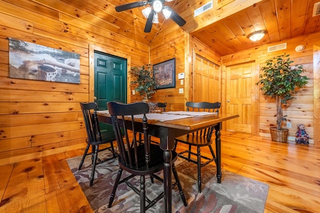 dining space with hardwood / wood-style floors, wooden ceiling, and wood walls