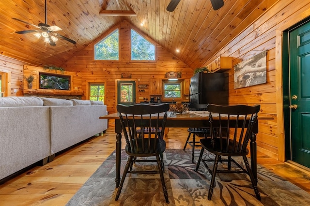 dining area with high vaulted ceiling, wood walls, ceiling fan, wooden ceiling, and light wood-type flooring