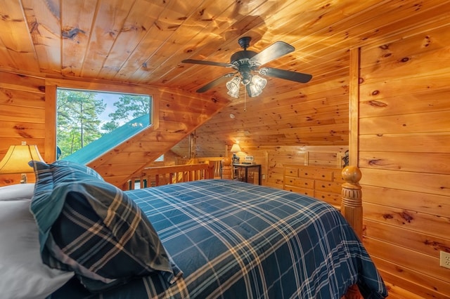 bedroom with lofted ceiling, wood ceiling, wooden walls, and ceiling fan