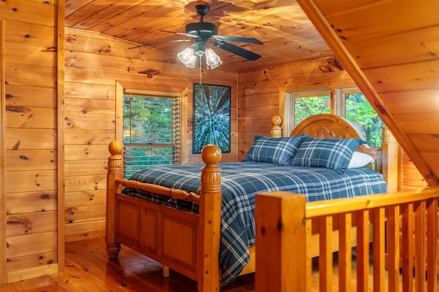 bedroom featuring hardwood / wood-style floors, wood ceiling, and wooden walls