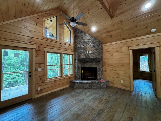 122 Laurel Creek Trl, Blue Ridge, GA 30513 - unfurnished living room with wooden ceiling, wood-type flooring, wood walls, and a stone fireplace