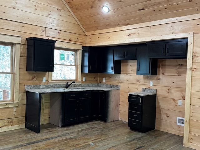 122 Laurel Creek Trl, Blue Ridge, GA 30513 - kitchen with wood finished floors, wooden walls, wood ceiling, a sink, and vaulted ceiling
