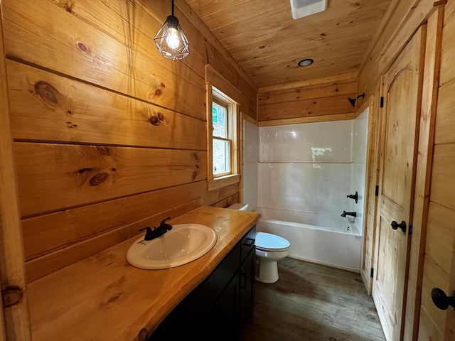 122 Laurel Creek Trl, Blue Ridge, GA 30513 - full bathroom with bathtub / shower combination, wood finished floors, wooden ceiling, vanity, and toilet