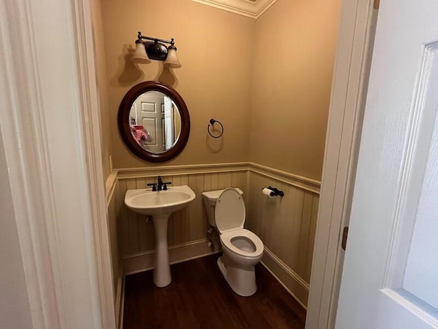 366 Licklog Rdg, Hayesville, NC 28904 - half bathroom featuring a wainscoted wall, wood finished floors, ornamental molding, and a decorative wall