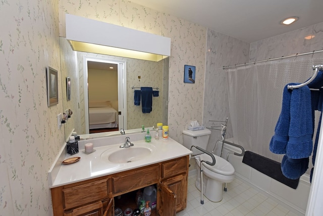 full bathroom with vanity, tile patterned floors, toilet, and shower / bath combo