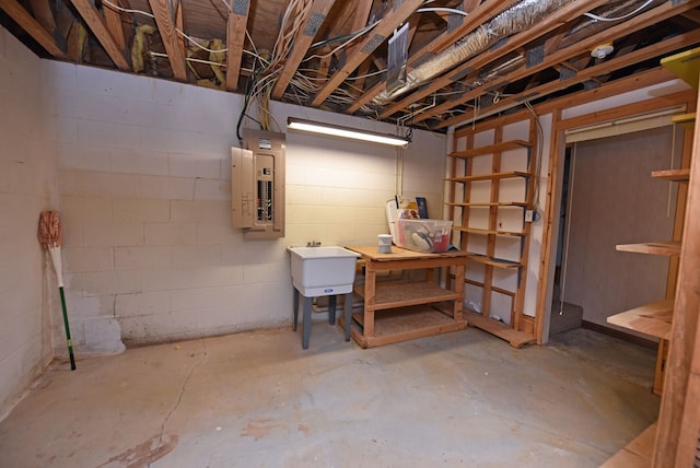 basement featuring sink and electric panel