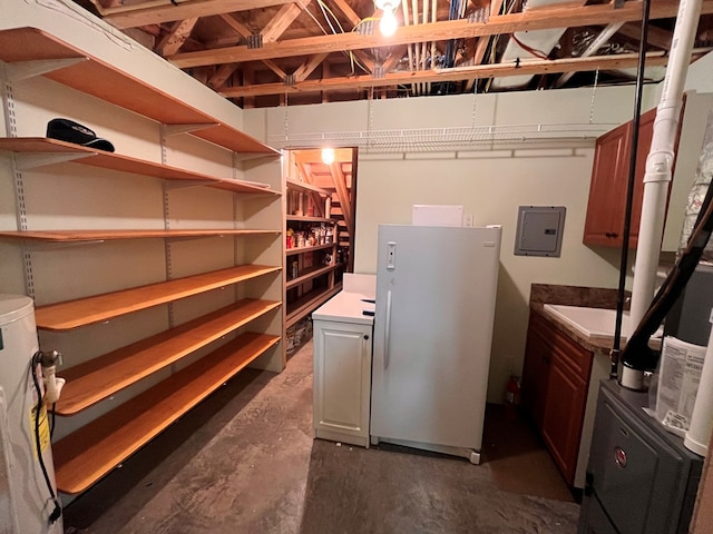 storage room with electric panel and sink