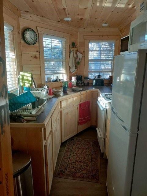 kitchen featuring dark hardwood / wood-style flooring, white appliances, wooden ceiling, and wooden walls