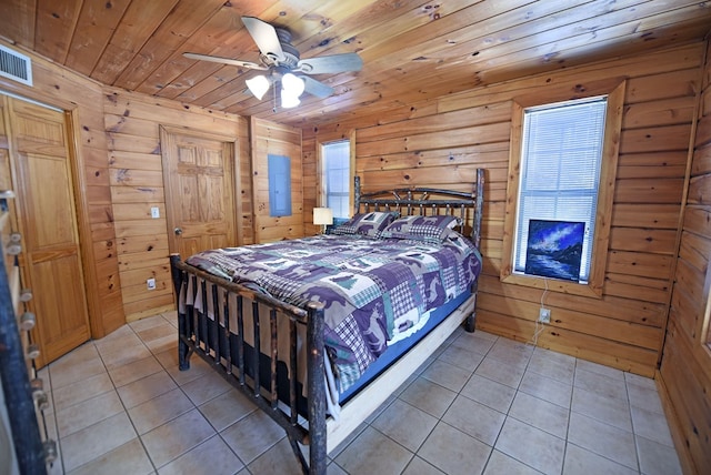 bedroom featuring ceiling fan, tile patterned floors, wooden walls, and wooden ceiling