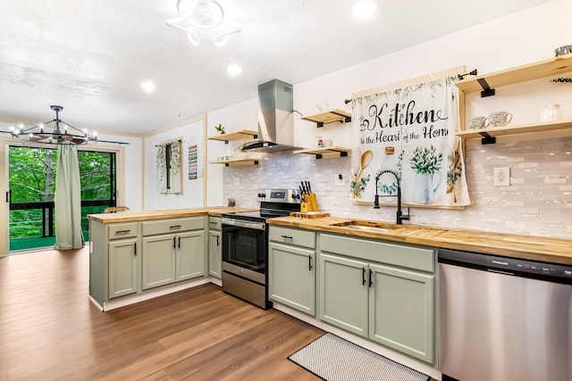 338 Canter Ct, Ellijay, GA 30540 - kitchen with appliances with stainless steel finishes, open shelves, wood counters, green cabinetry, and range hood