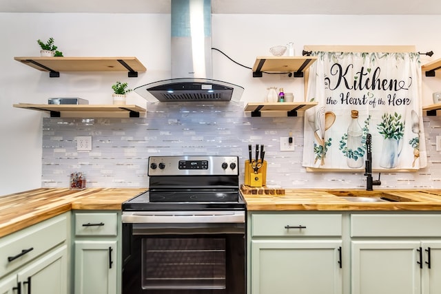 338 Canter Ct, Ellijay, GA 30540 - kitchen featuring open shelves, green cabinets, electric range, and wooden counters