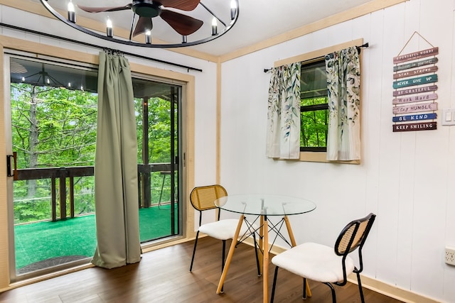 338 Canter Ct, Ellijay, GA 30540 - dining room featuring a ceiling fan and wood finished floors