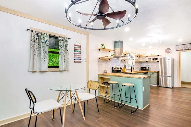 338 Canter Ct, Ellijay, GA 30540 - kitchen featuring appliances with stainless steel finishes, wooden counters, open shelves, backsplash, and a sink