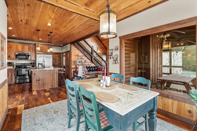 dining space featuring wood ceiling, stairs, recessed lighting, a ceiling fan, and dark wood-style flooring