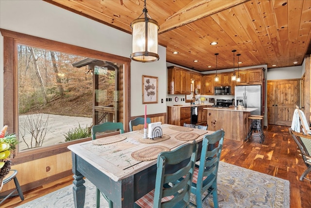 dining space featuring a wainscoted wall, dark wood-type flooring, recessed lighting, wooden walls, and wooden ceiling