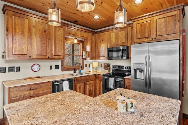 kitchen featuring wood ceiling, brown cabinets, stainless steel appliances, and a sink