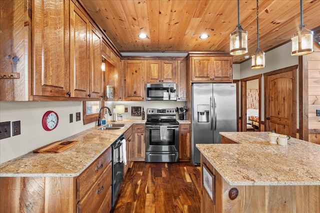 kitchen featuring a sink, light stone counters, appliances with stainless steel finishes, brown cabinetry, and wood ceiling