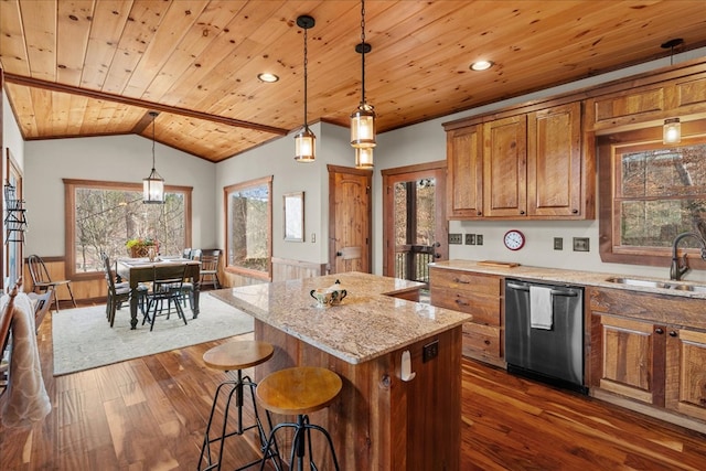 kitchen featuring a sink, a kitchen island, wooden ceiling, brown cabinetry, and dishwasher