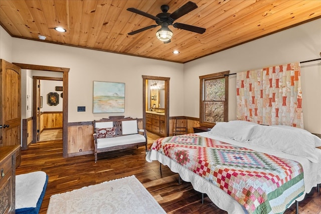 bedroom featuring recessed lighting, wood-type flooring, wood ceiling, and wainscoting