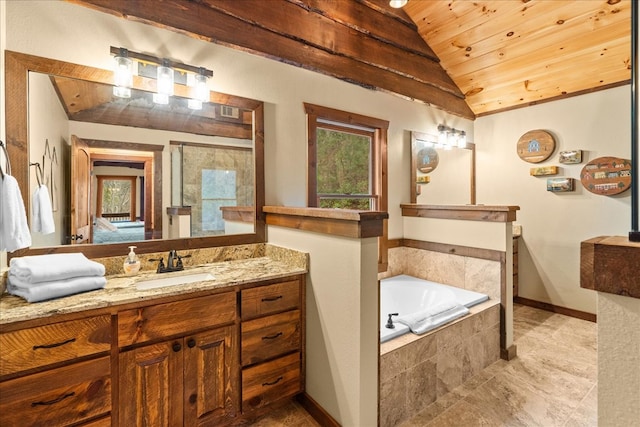 full bathroom featuring a shower with door, wood ceiling, a bath, vanity, and vaulted ceiling