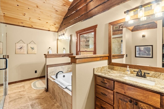 bathroom with vanity, baseboards, vaulted ceiling, wood ceiling, and a bath