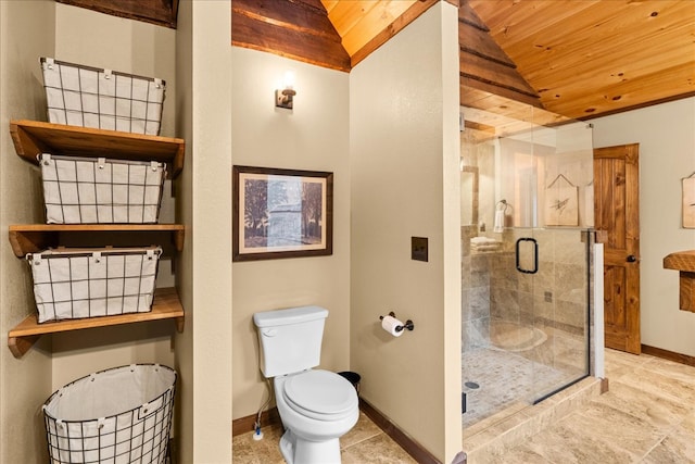 full bath featuring toilet, lofted ceiling, wooden ceiling, a shower stall, and baseboards