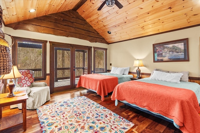 bedroom with access to exterior, wood finished floors, wooden ceiling, and vaulted ceiling