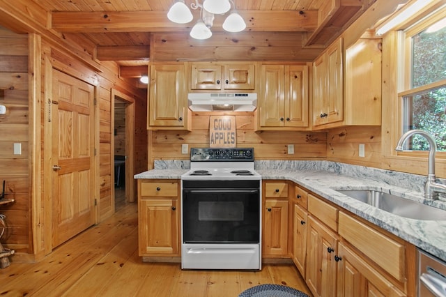 kitchen with a wealth of natural light, white range with electric stovetop, sink, and light stone countertops