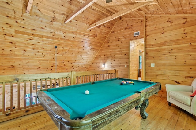 game room with light hardwood / wood-style flooring, wood walls, pool table, and lofted ceiling with beams