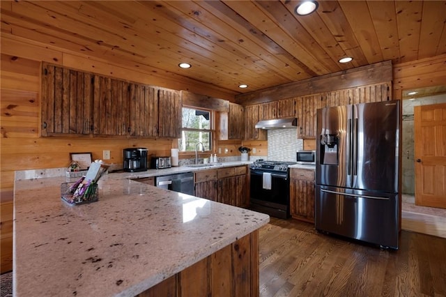 kitchen featuring sink, dark wood-type flooring, stainless steel appliances, wooden ceiling, and kitchen peninsula